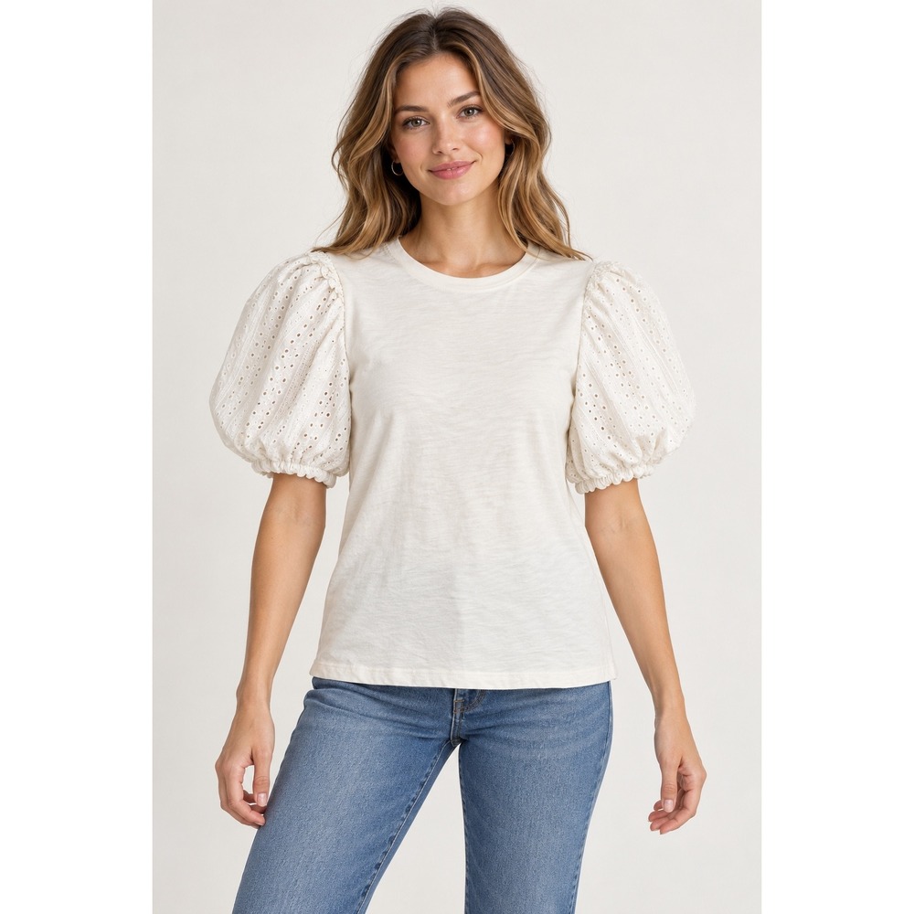 Sanctuary Womens White Eyelet Puff Sleeve Slub Knit Top Size M CT3390XK6